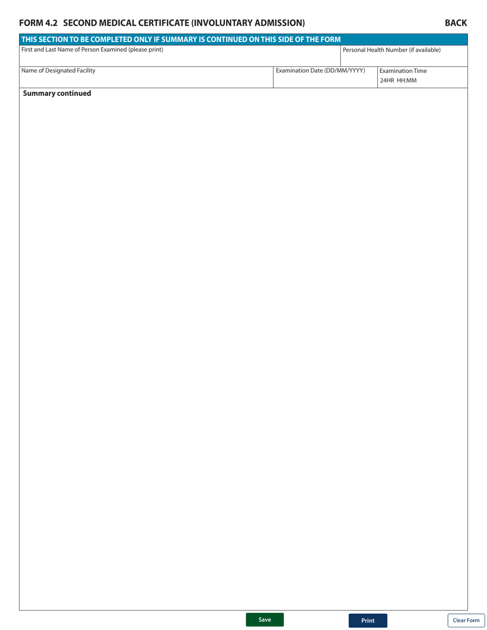 Form 4.2 (HLTH3504.2) Second Medical Certificate (Involuntary Admission) - British Columbia, Canada, Page 2