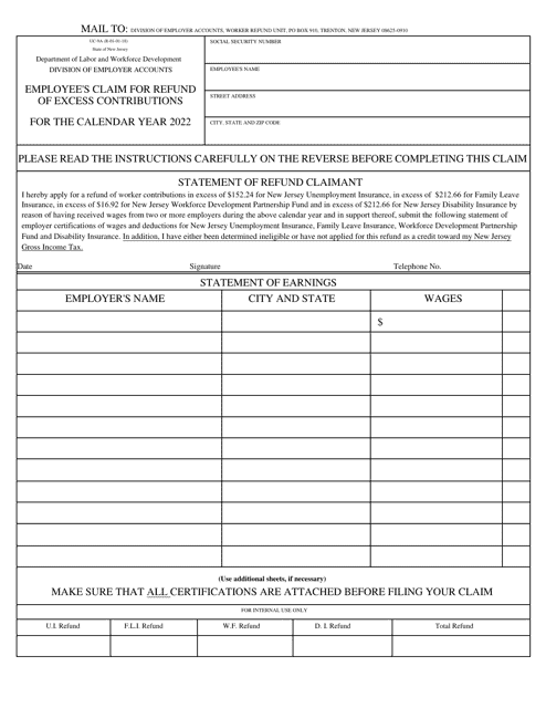 Form UC-9A Employee's Claim for Refund of Excess Contributions - New Jersey, 2022