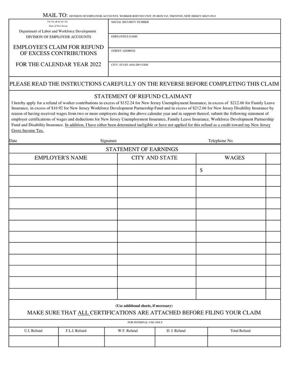 Form UC-9A Employees Claim for Refund of Excess Contributions - New Jersey, Page 1