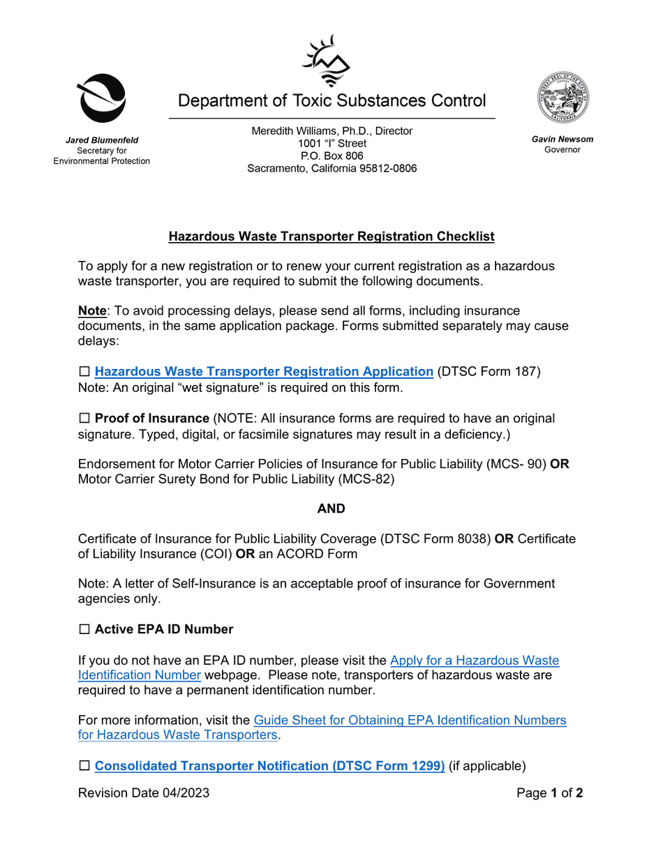 California Hazardous Waste Transporter Registration Checklist Download Printable PDF