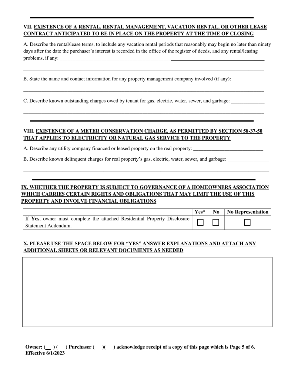 South Carolina Residential Property Condition Disclosure Statement