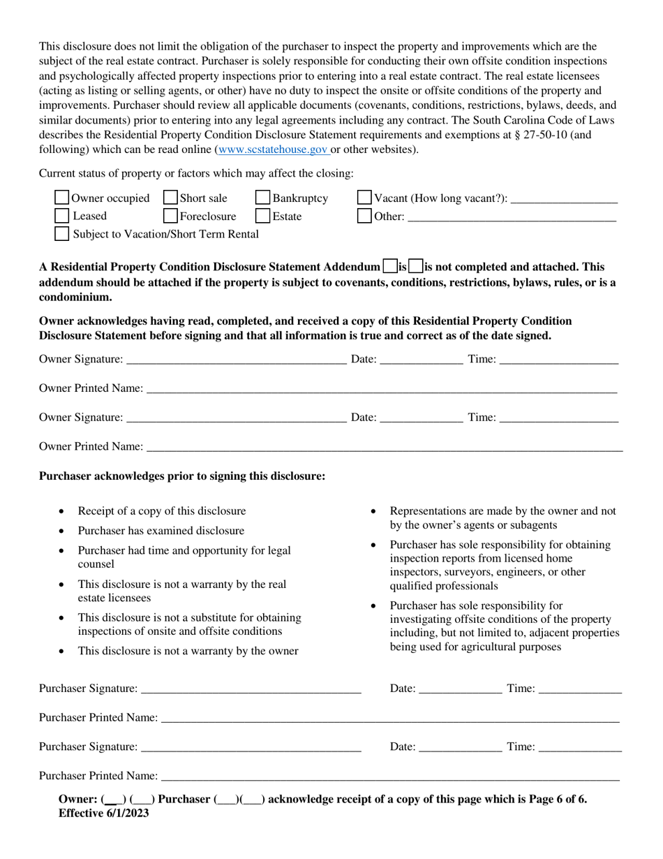 South Carolina Residential Property Condition Disclosure Statement