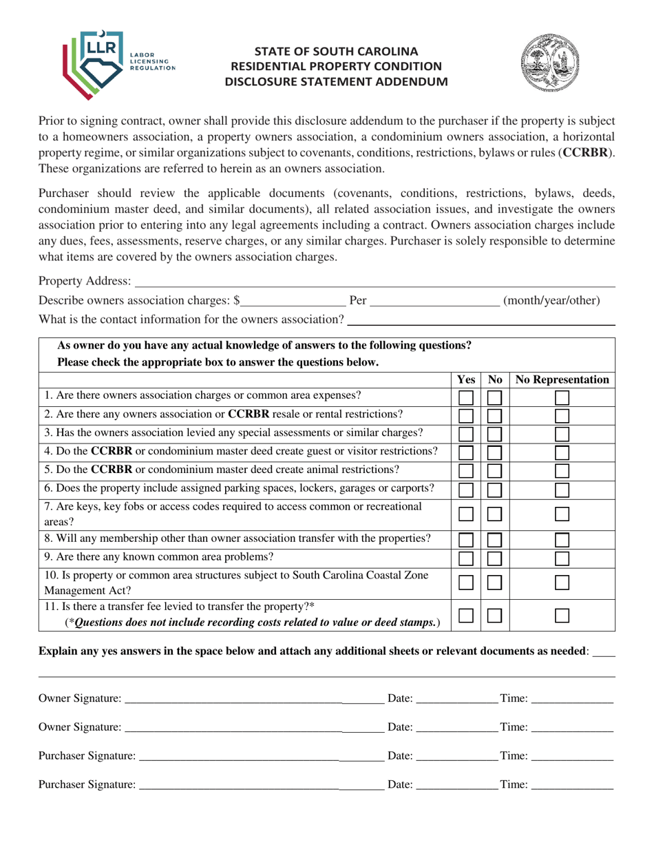 South Carolina Residential Property Condition Disclosure Statement