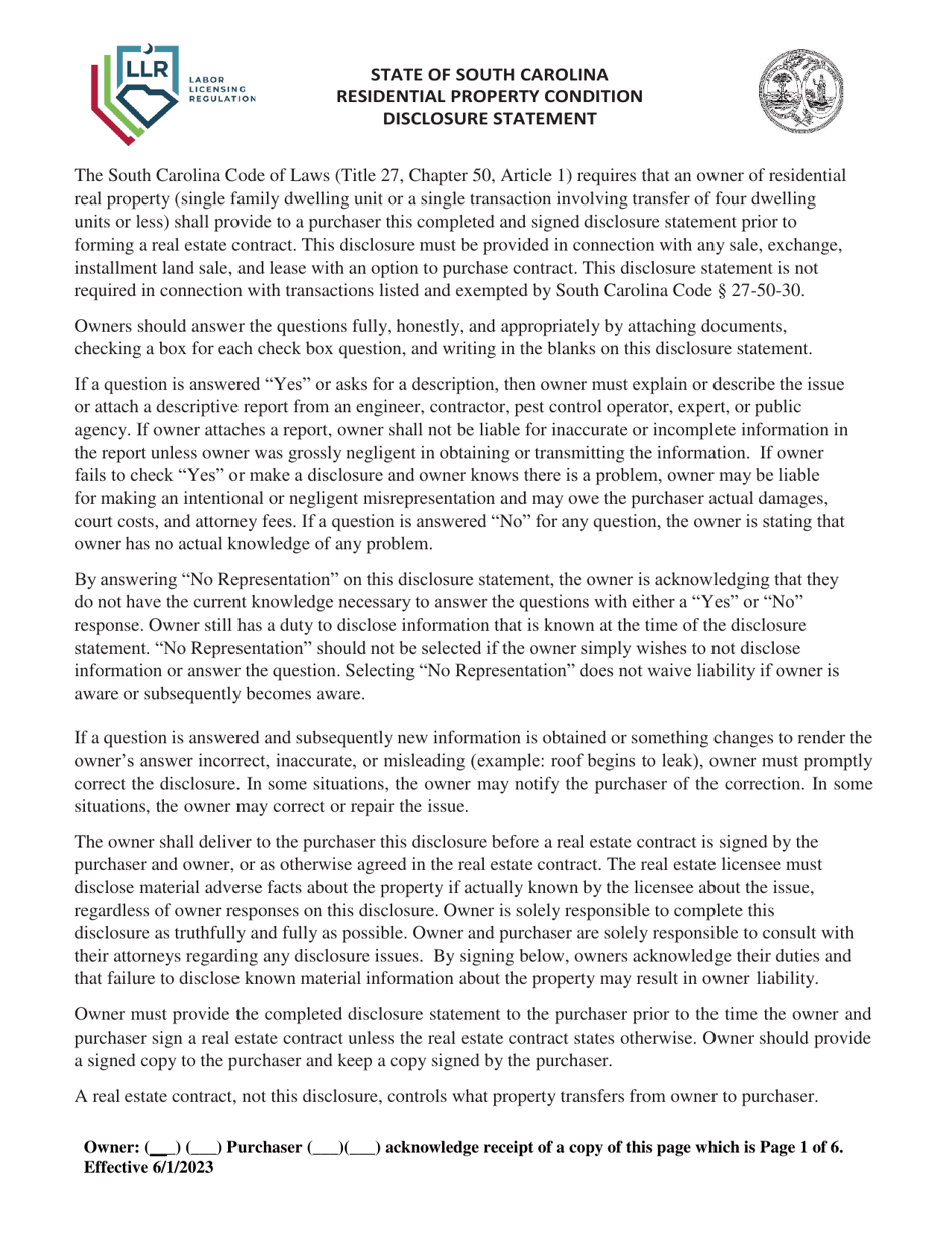 South Carolina Residential Property Condition Disclosure Statement