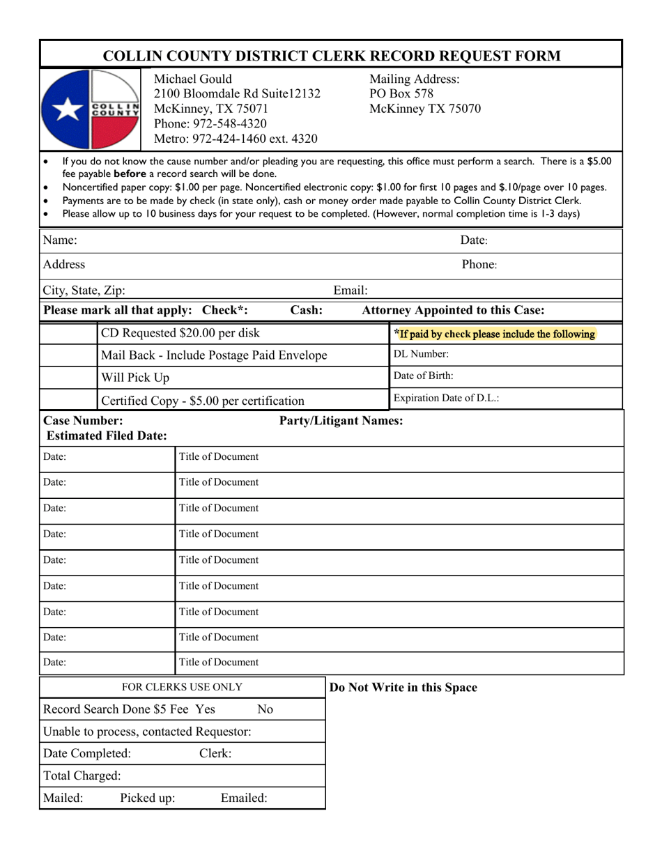 Record Request Form - Collin County, Texas, Page 1