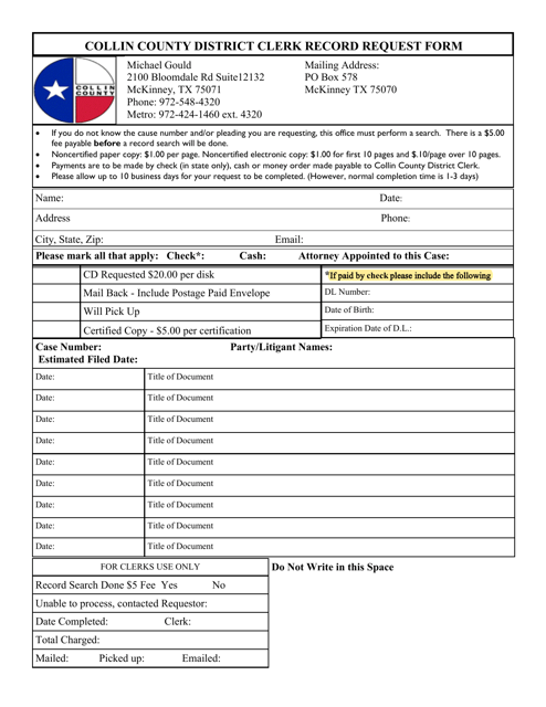 Record Request Form - Collin County, Texas Download Pdf