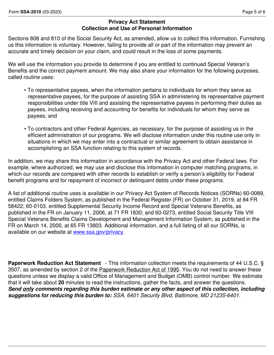 Form SSA-2010 Statement for Determining Continuing Entitlement for Special Veterans Benefits (Svb), Page 5