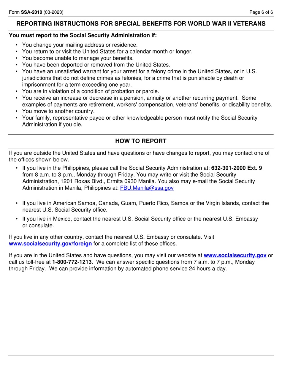 Form SSA-2010 Statement for Determining Continuing Entitlement for Special Veterans Benefits (Svb), Page 6