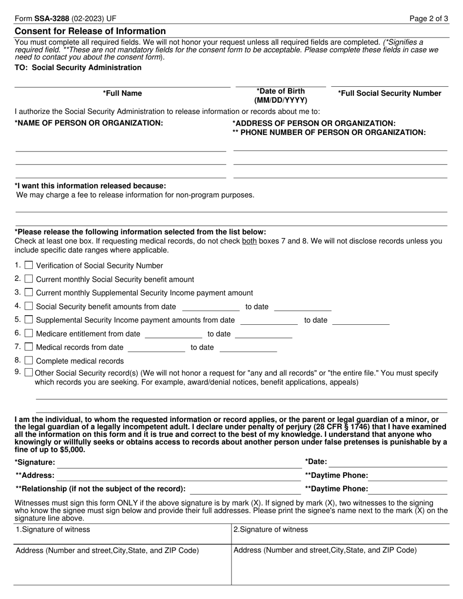 Form SSA-3288 Download Fillable PDF or Fill Online Consent for Release ...