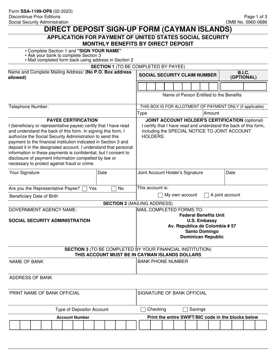 Form SSA-1199-OP8 Direct Deposit Sign-Up Form (Cayman Islands), Page 1