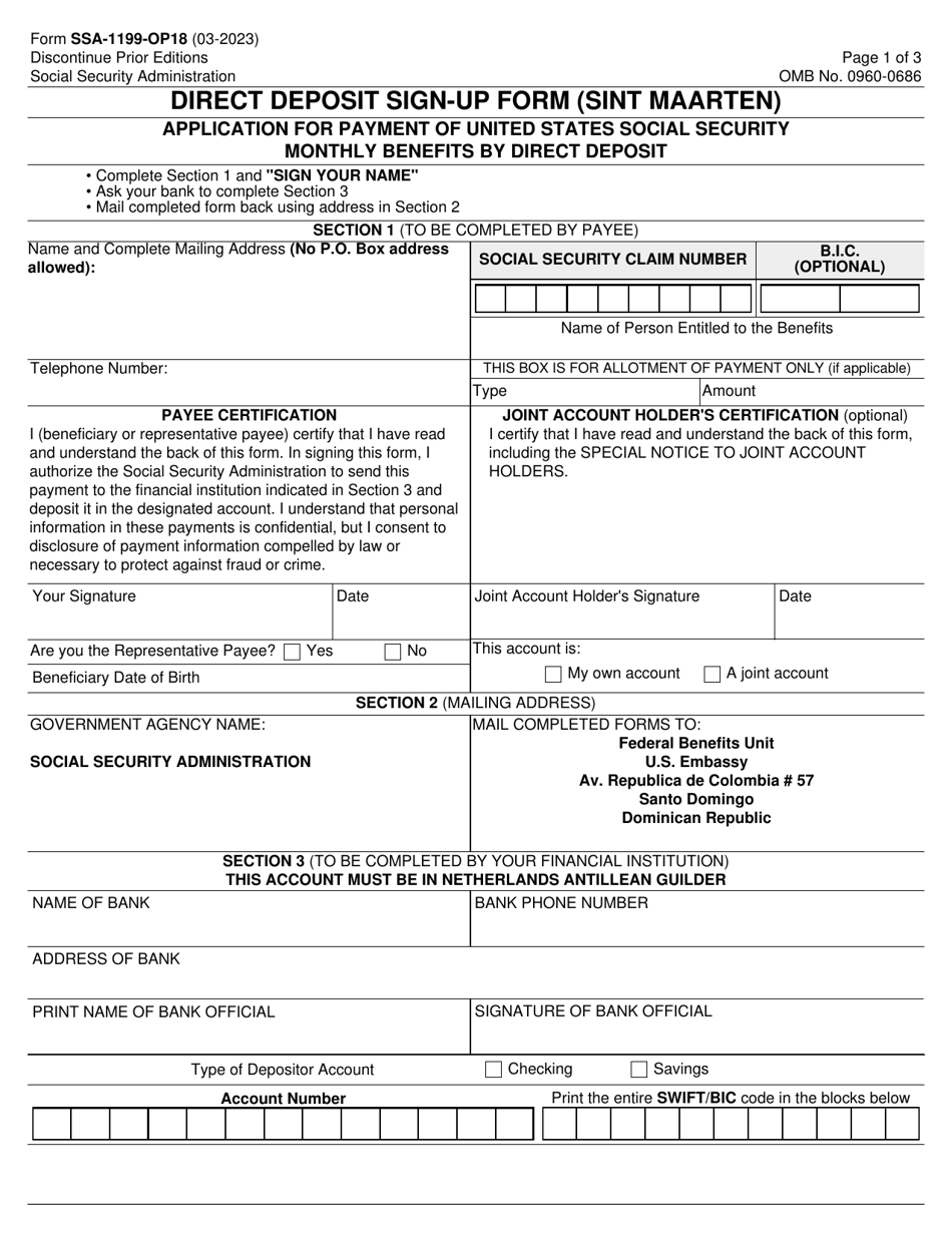 Form SSA-1199-OP18 Direct Deposit Sign-Up Form (Sint Maarten), Page 1