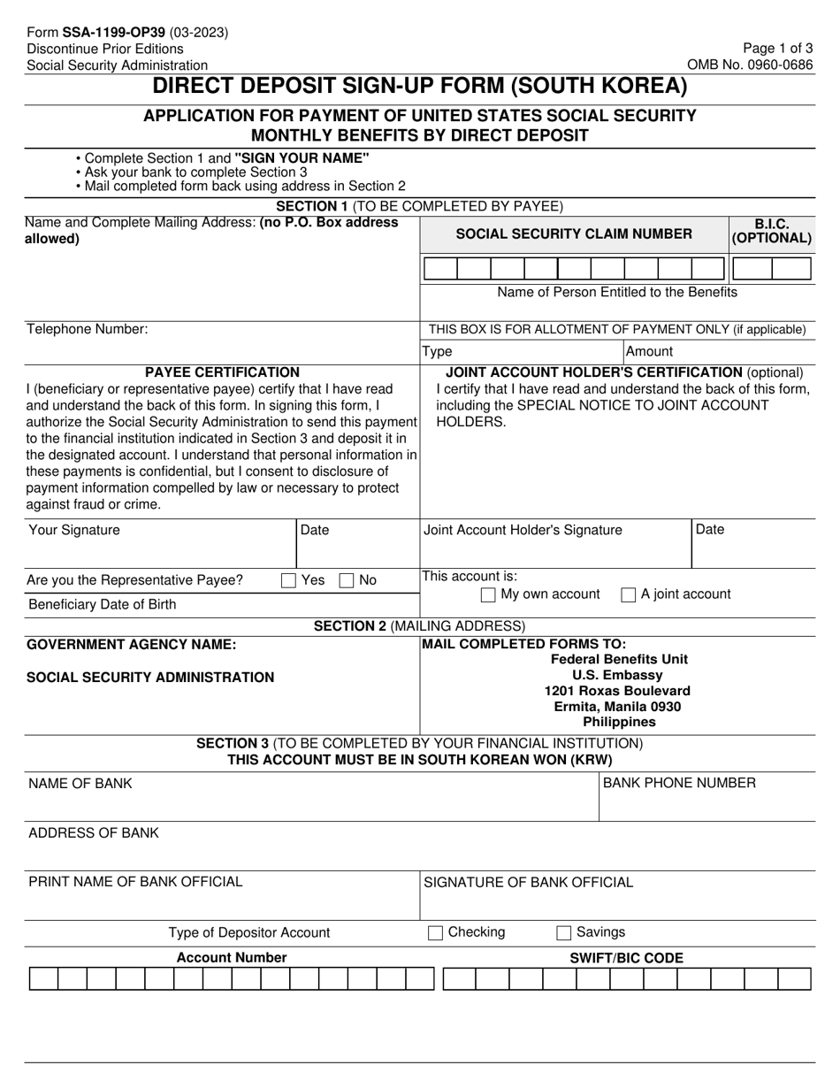 Form SSA-1199-OP39 Direct Deposit Sign-Up Form (South Korea), Page 1