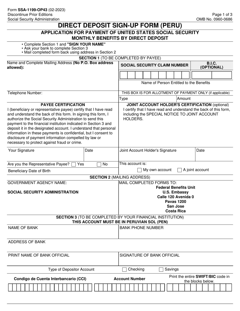 Form SSA-1199-OP43 Direct Deposit Sign-Up Form (Peru), Page 1