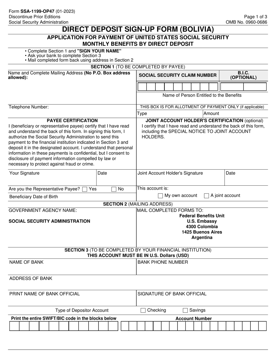 Form SSA-1199-OP47 Direct Deposit Sign-Up Form (Bolivia), Page 1