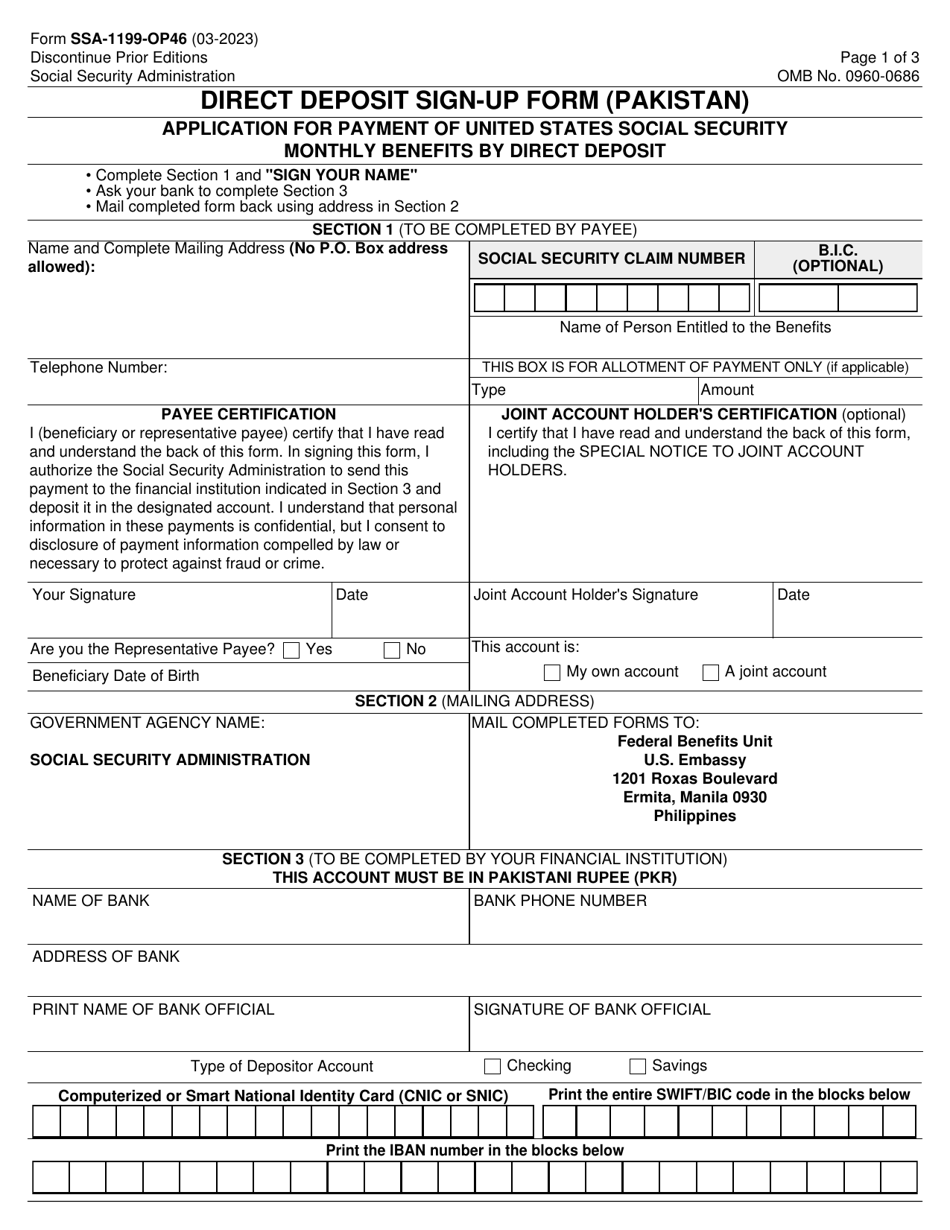 Form SSA-1199-OP46 Direct Deposit Sign-Up Form (Pakistan), Page 1