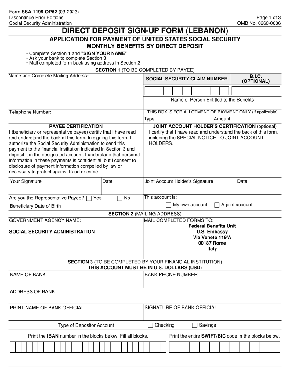 Form SSA-1199-OP52 Direct Deposit Sign-Up Form (Lebanon), Page 1