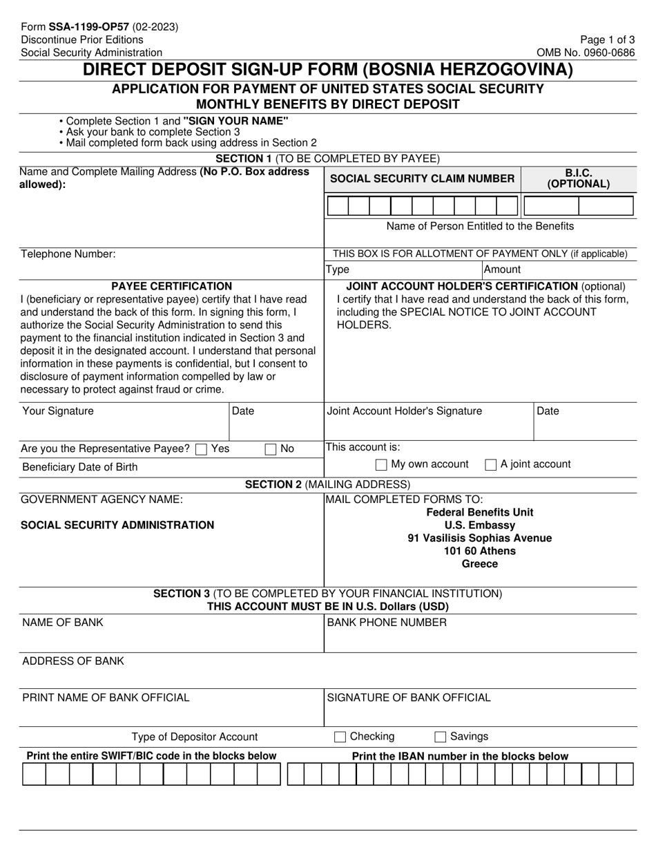 Form SSA-1199-OP57 Direct Deposit Sign-Up Form (Bosnia Herzogovina), Page 1