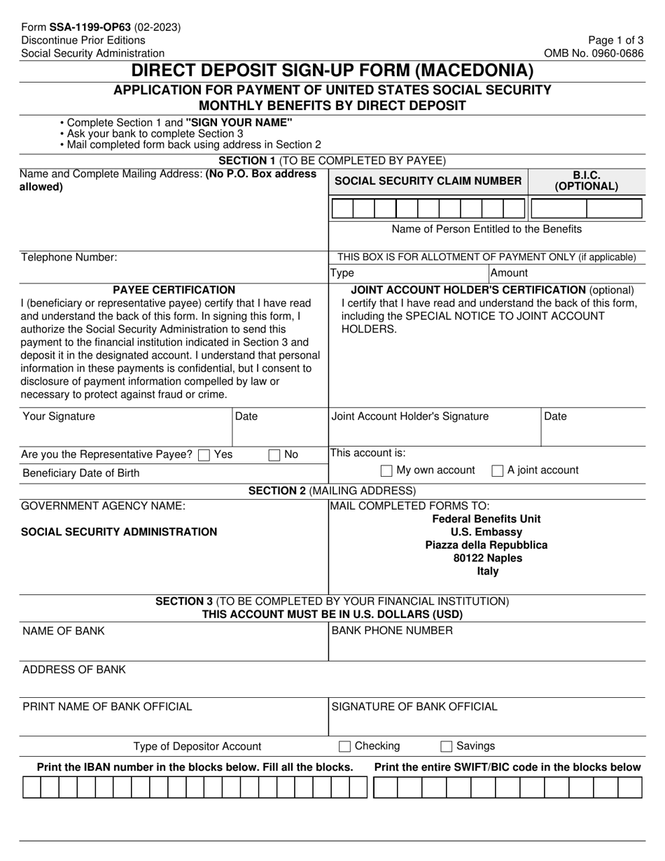 Form SSA-1199-OP63 Direct Deposit Sign-Up Form (Macedonia), Page 1