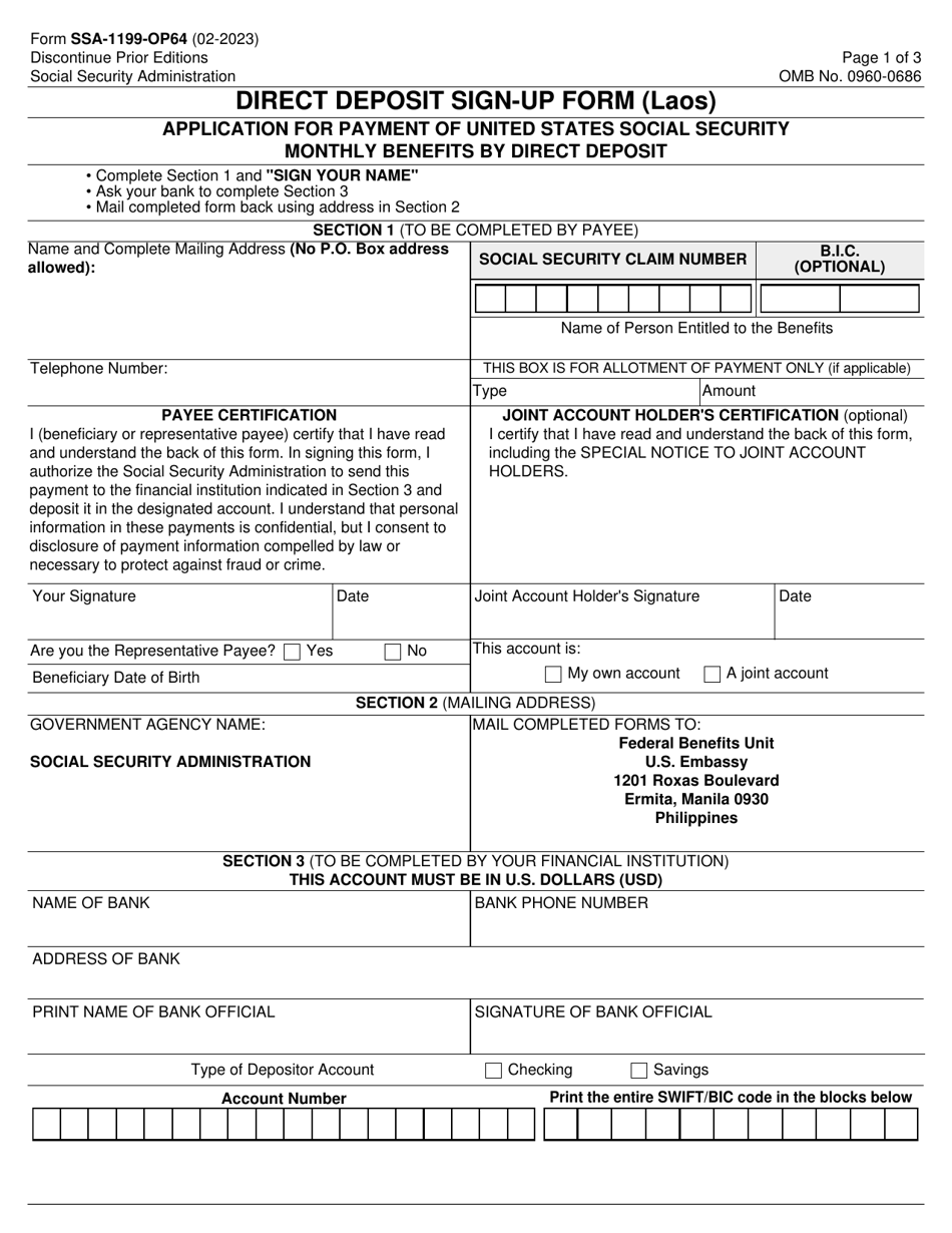 Form SSA-1199-OP64 Direct Deposit Sign-Up Form (Laos), Page 1