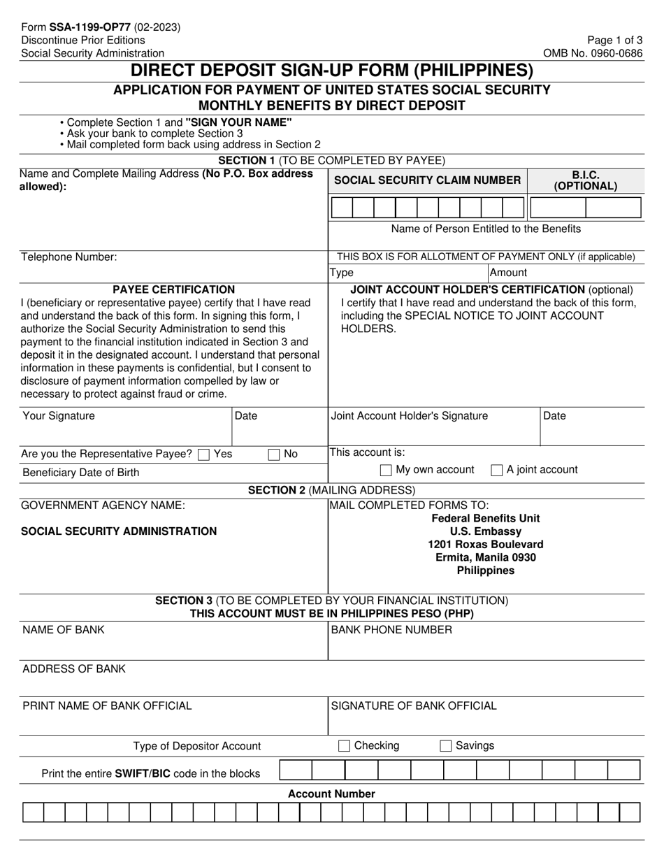 Form SSA-1199-OP77 Direct Deposit Sign-Up Form (Philippines), Page 1