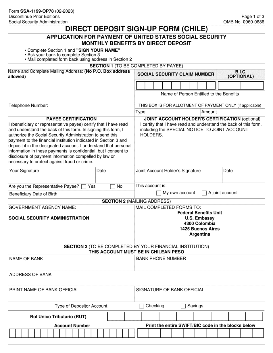 Form SSA-1199-OP78 Direct Deposit Sign-Up Form (Chile), Page 1