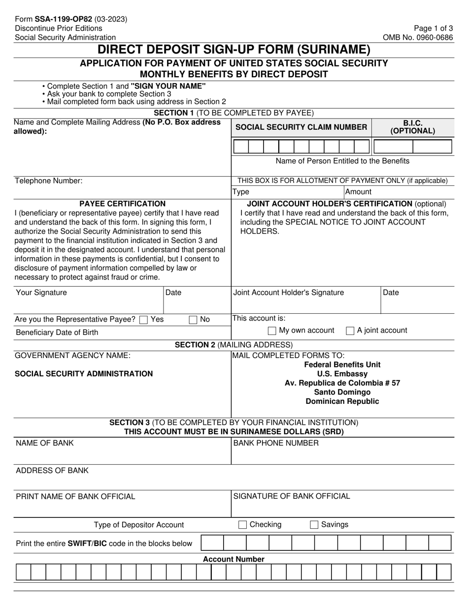 Form SSA-1199-OP82 Direct Deposit Sign-Up Form (Suriname), Page 1