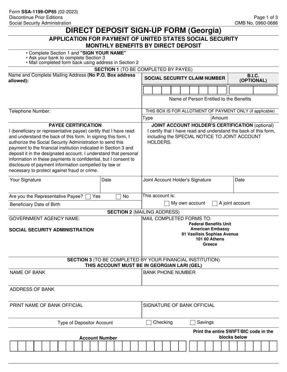 Form SSA-1199-OP85 Direct Deposit Sign-Up Form (Georgia), Page 1