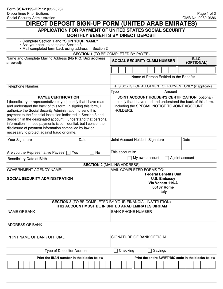 Form SSA-1199-OP112 Direct Deposit Sign-Up Form (United Arab Emirates), Page 1