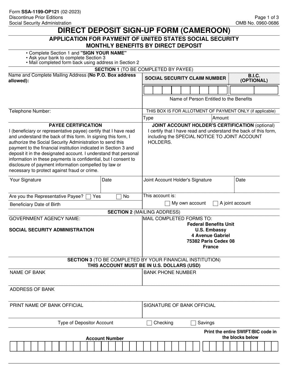 Form SSA-1199-OP121 Direct Deposit Sign-Up Form (Cameroon), Page 1