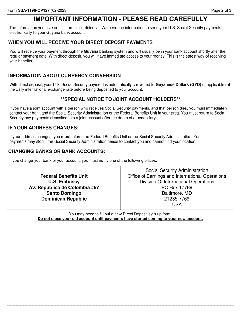 Form SSA-1199-OP127 Direct Deposit Sign-Up Form (Guyana), Page 2