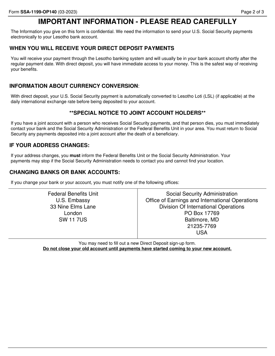 Form SSA-1199-OP140 Direct Deposit Sign-Up Form (Lesotho), Page 2