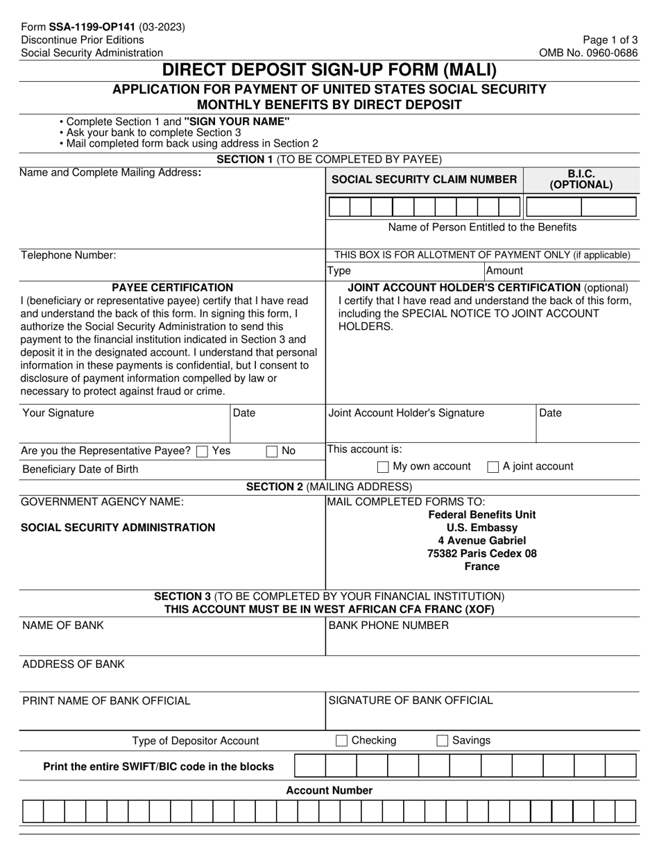 Form SSA-1199-OP141 Direct Deposit Sign-Up Form (Mali), Page 1
