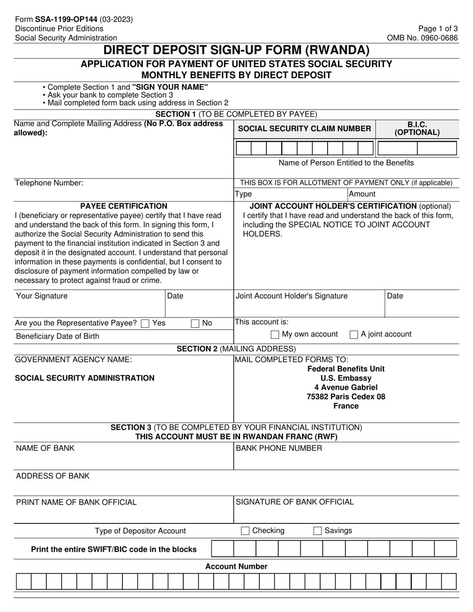 Form SSA-1199-OP144 Direct Deposit Sign-Up Form (Rwanda), Page 1