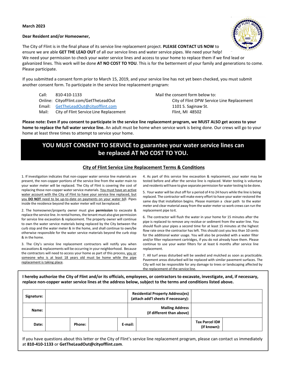 Get the Lead out Consent Form - City of Flint, Michigan, Page 1