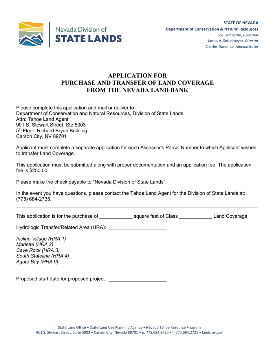 Application for Purchase and Transfer of Land Coverage From the Nevada Land Bank - Nevada, Page 1