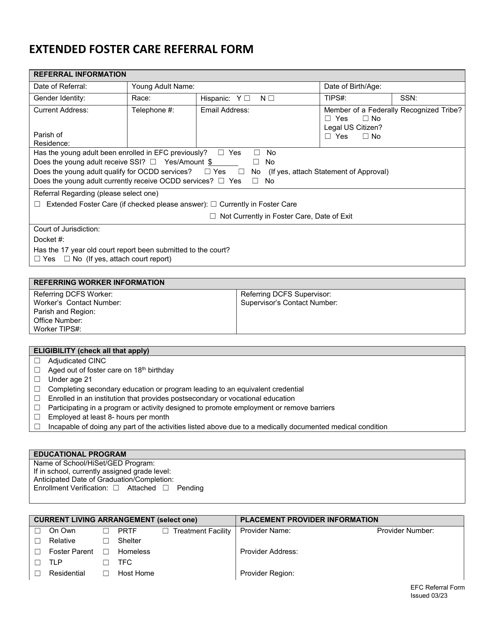 Extended Foster Care Referral Form - Louisiana Download Pdf