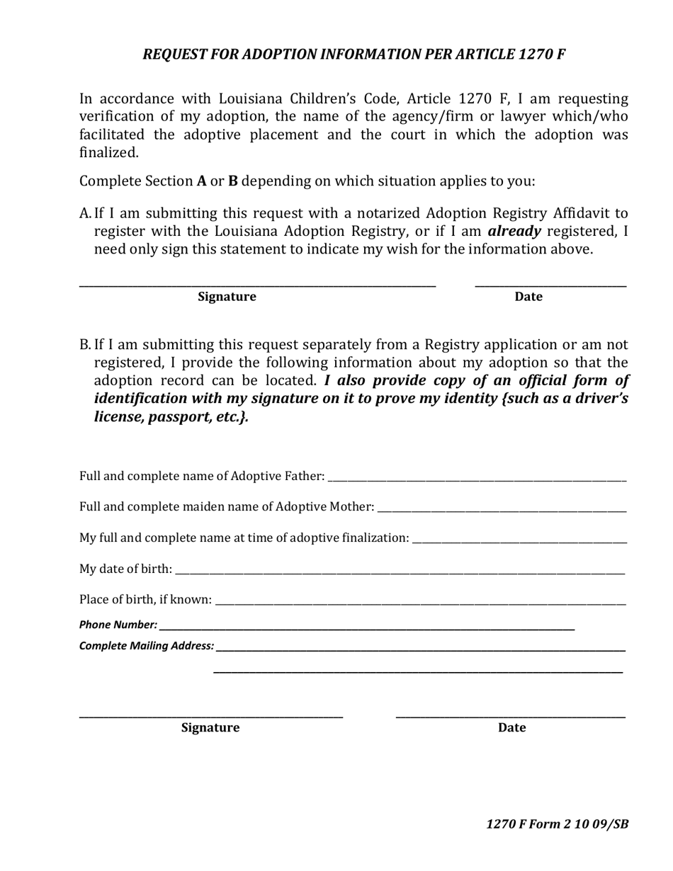 Form 2 Request for Adoption Information Per Article 1270 F - Louisiana, Page 1