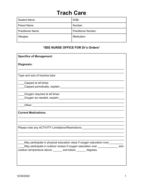 Individualized Health Plan Template - Trach Care - Oklahoma Download Pdf