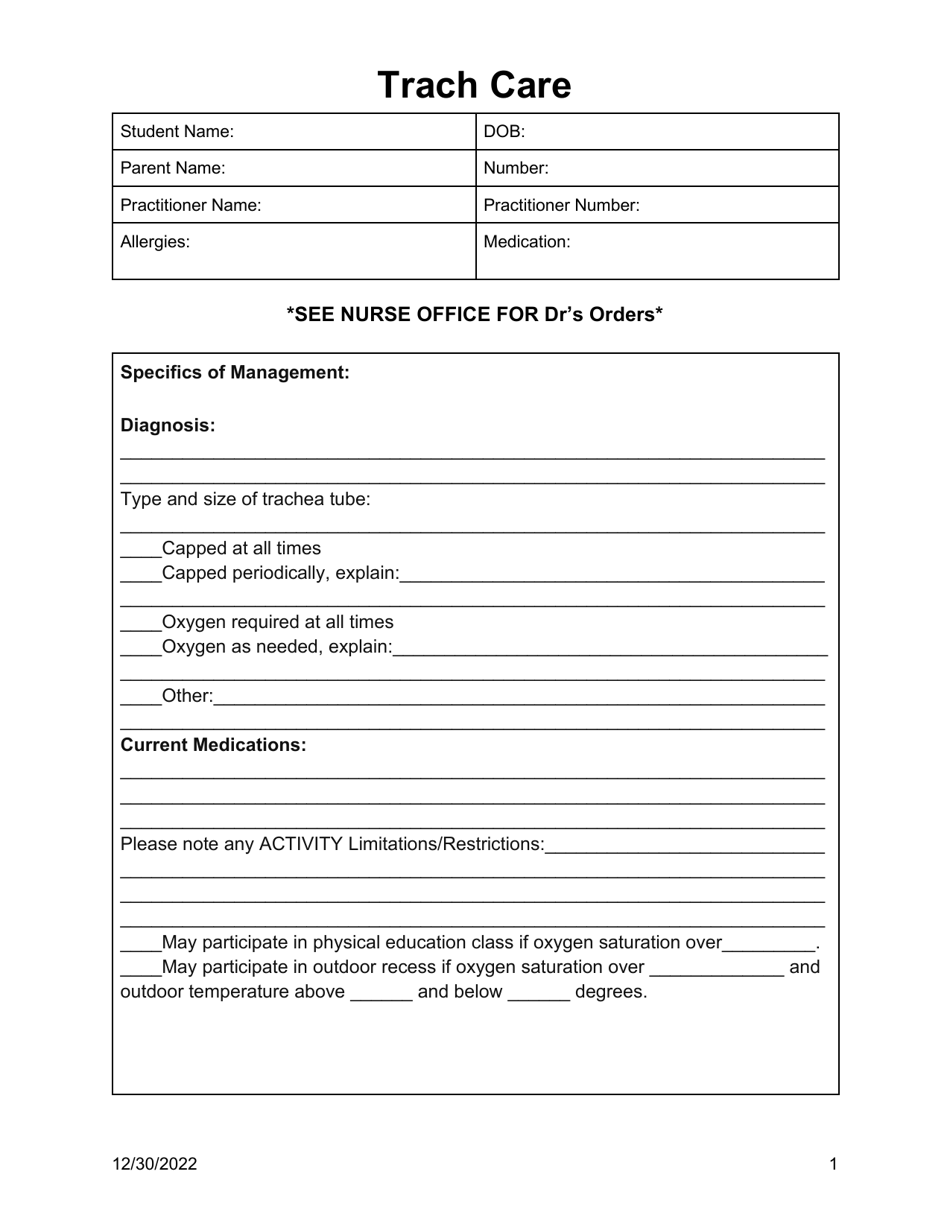 Individualized Health Plan Template - Trach Care - Oklahoma, Page 1