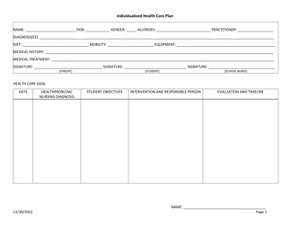 Document preview: Individualized Health Care Plan - Oklahoma