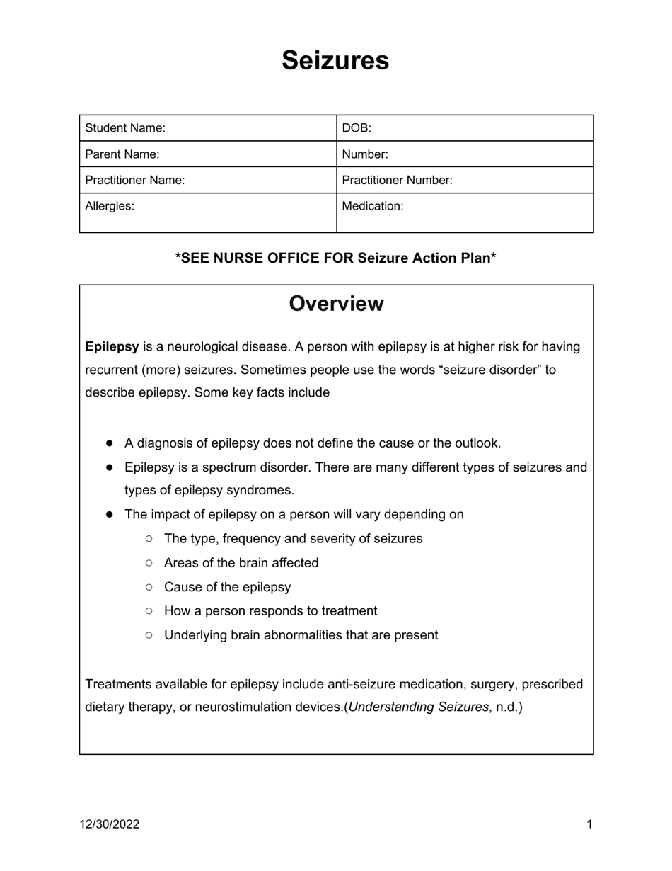 Individualized Health Plan Template - Seizures - Oklahoma, Page 1