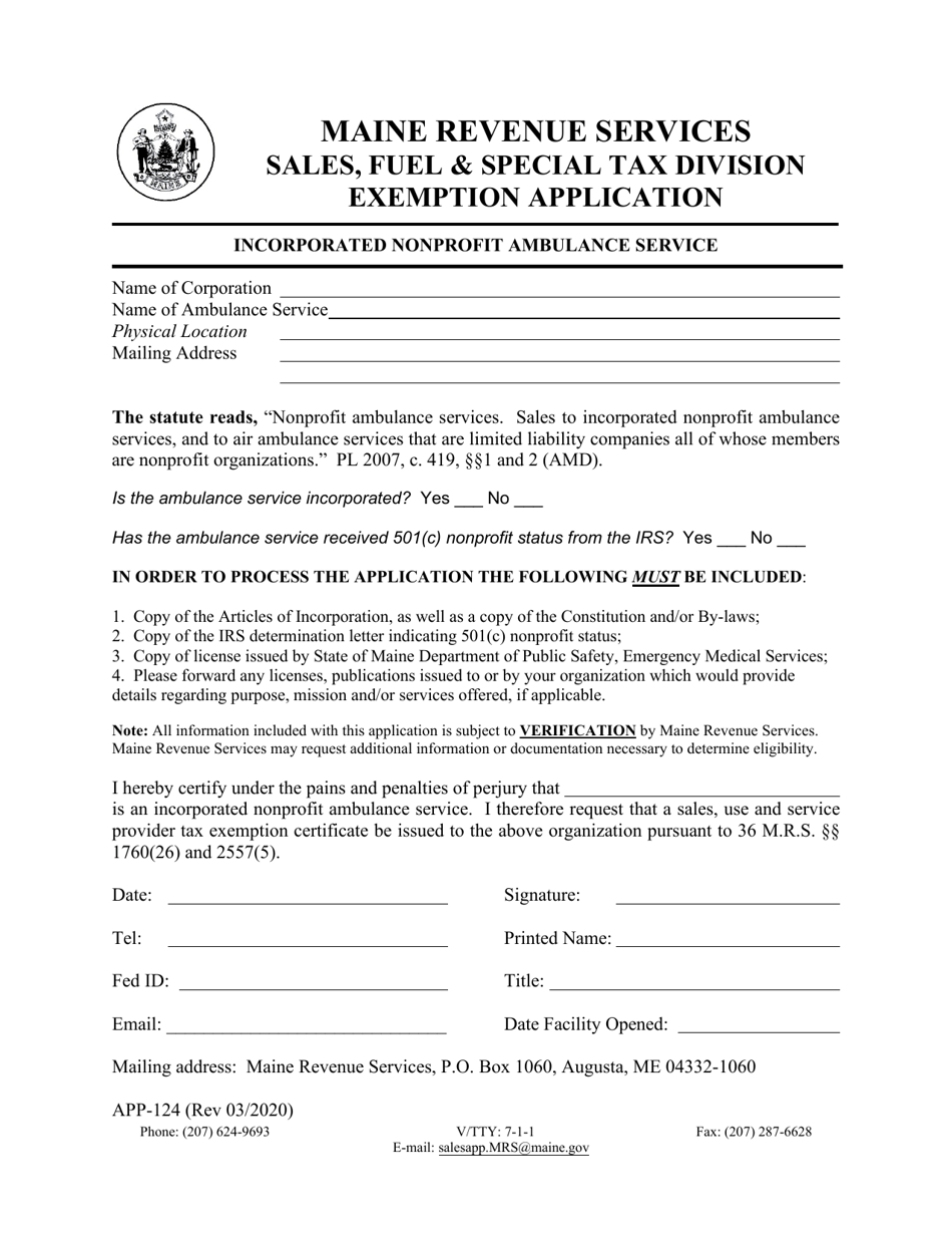 Form APP-124 Incorporated Nonprofit Ambulance Service Exemption Application - Maine, Page 1