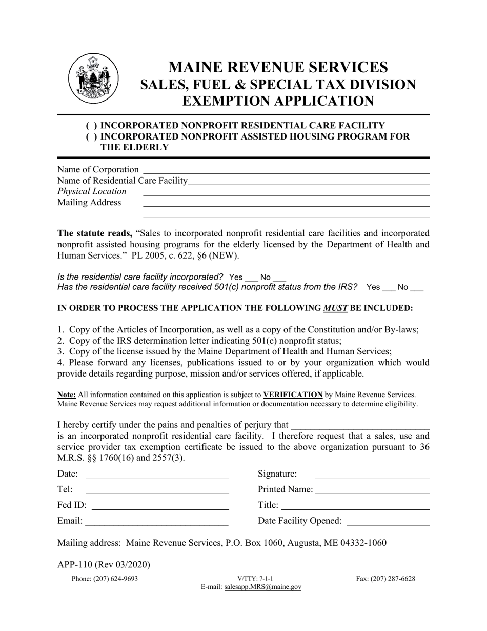 Form APP-110 Residential Care Facilities Exemption Application - Maine, Page 1