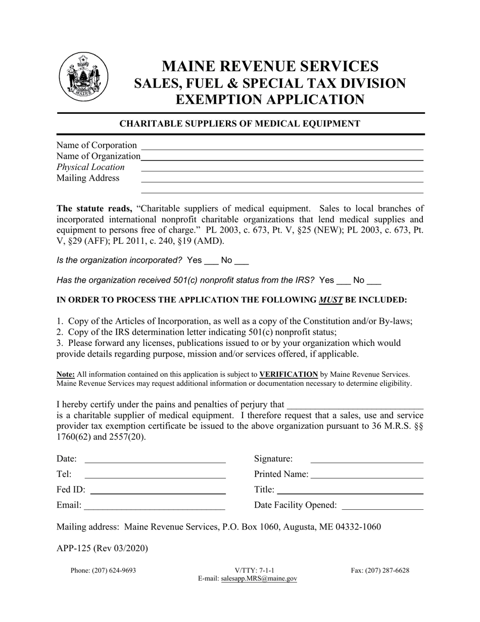 Form APP-125 Charitable Suppliers of Medical Equipment Exemption Application - Maine, Page 1