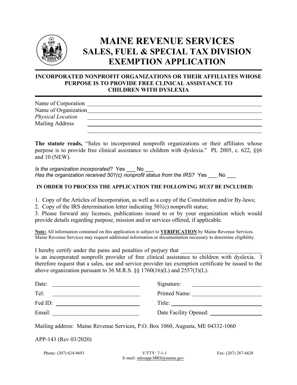 Form APP-143 Incorporated Nonprofit Organizations or Their Affiliates Whose Purpose Is to Provide Free Clinical Assistance to Children With Dyslexia Exemption Application - Maine, Page 1