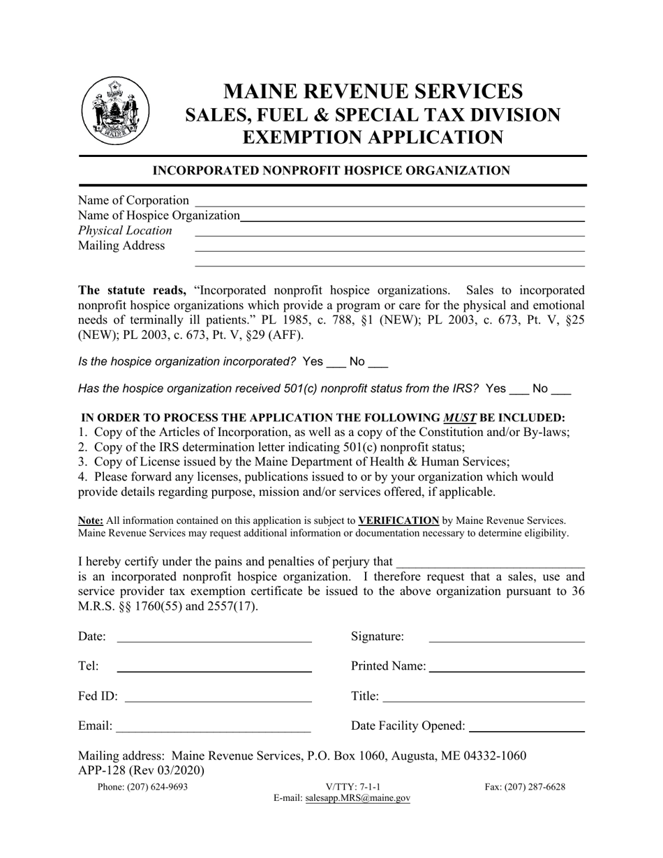 Form APP-128 Incorporated Nonprofit Hospice Organization Exemption Application - Maine, Page 1