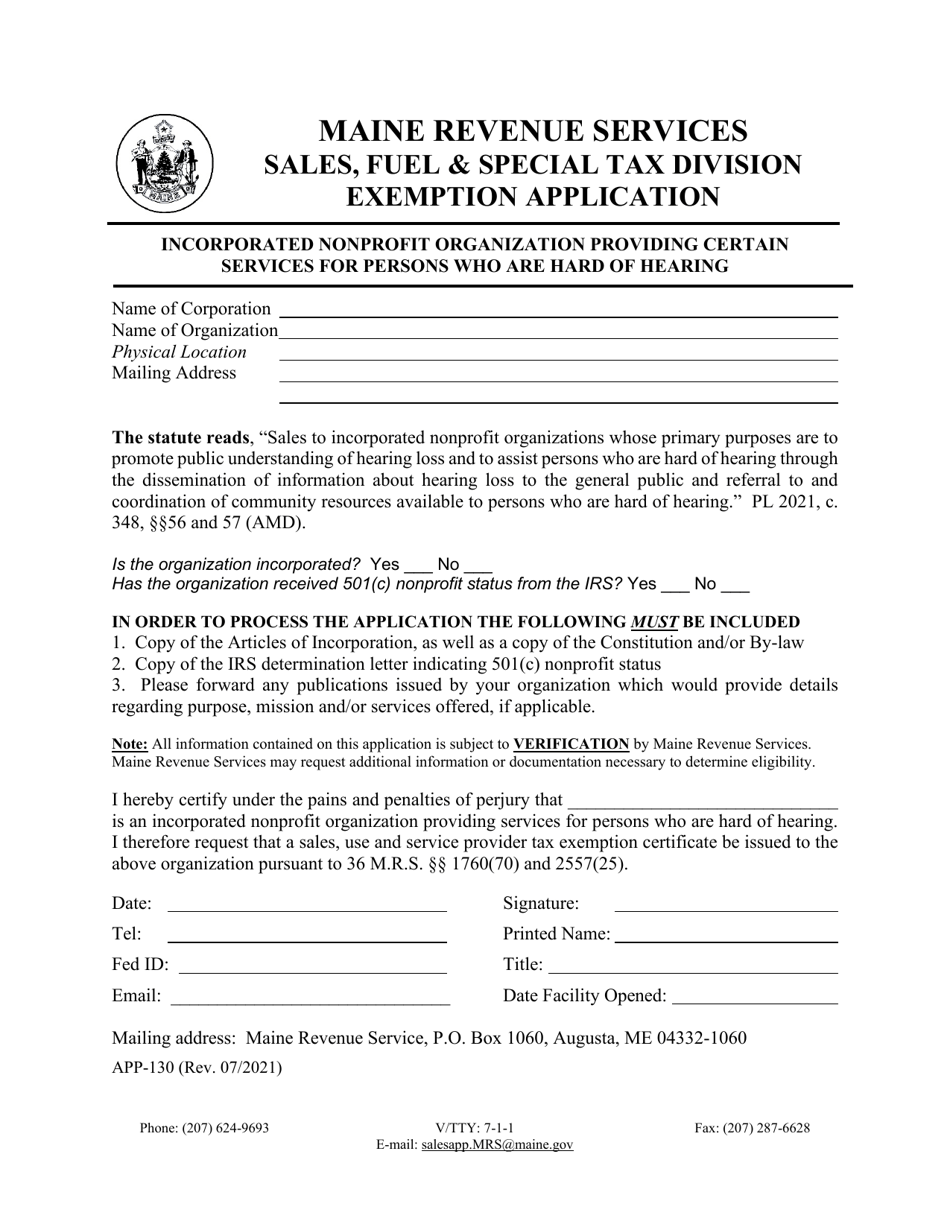 Form APP-130 Incorporated Nonprofit Organization Providing Certain Services for Persons Who Are Hard of Hearing Exemption Application - Maine, Page 1