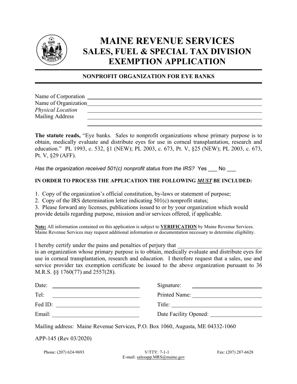 Form APP-145 Nonprofit Organization for Eye Banks Exemption Application - Maine, Page 1