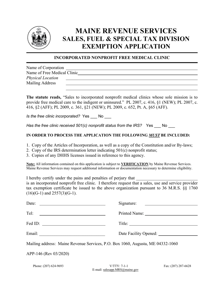 Form APP-146 Incorporated Nonprofit Free Medical Clinic Exemption Application - Maine, Page 1