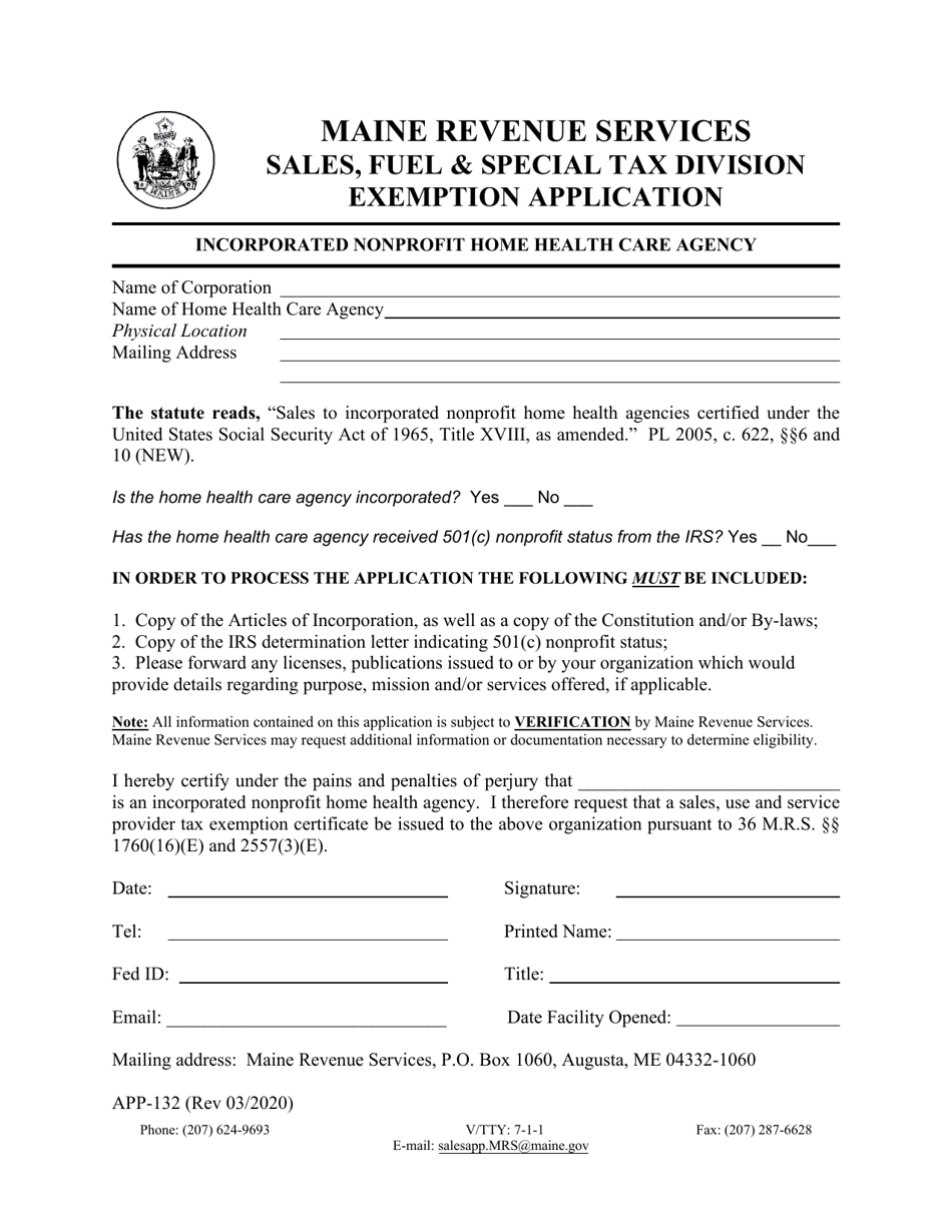 Form APP-132 Incorporated Nonprofit Home Health Care Agency Exemption Application - Maine, Page 1